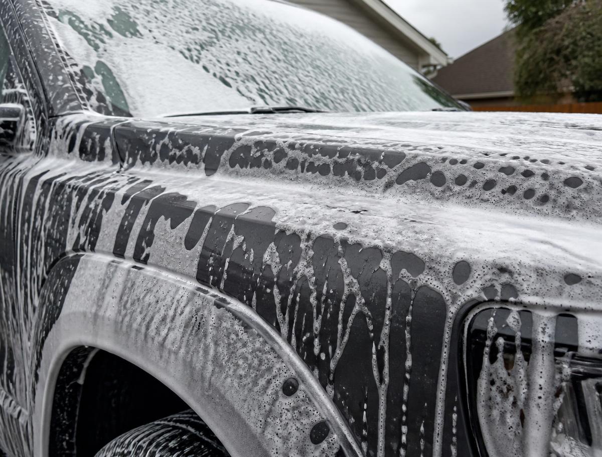 Foam wash covering a dark truck during a mobile exterior detail