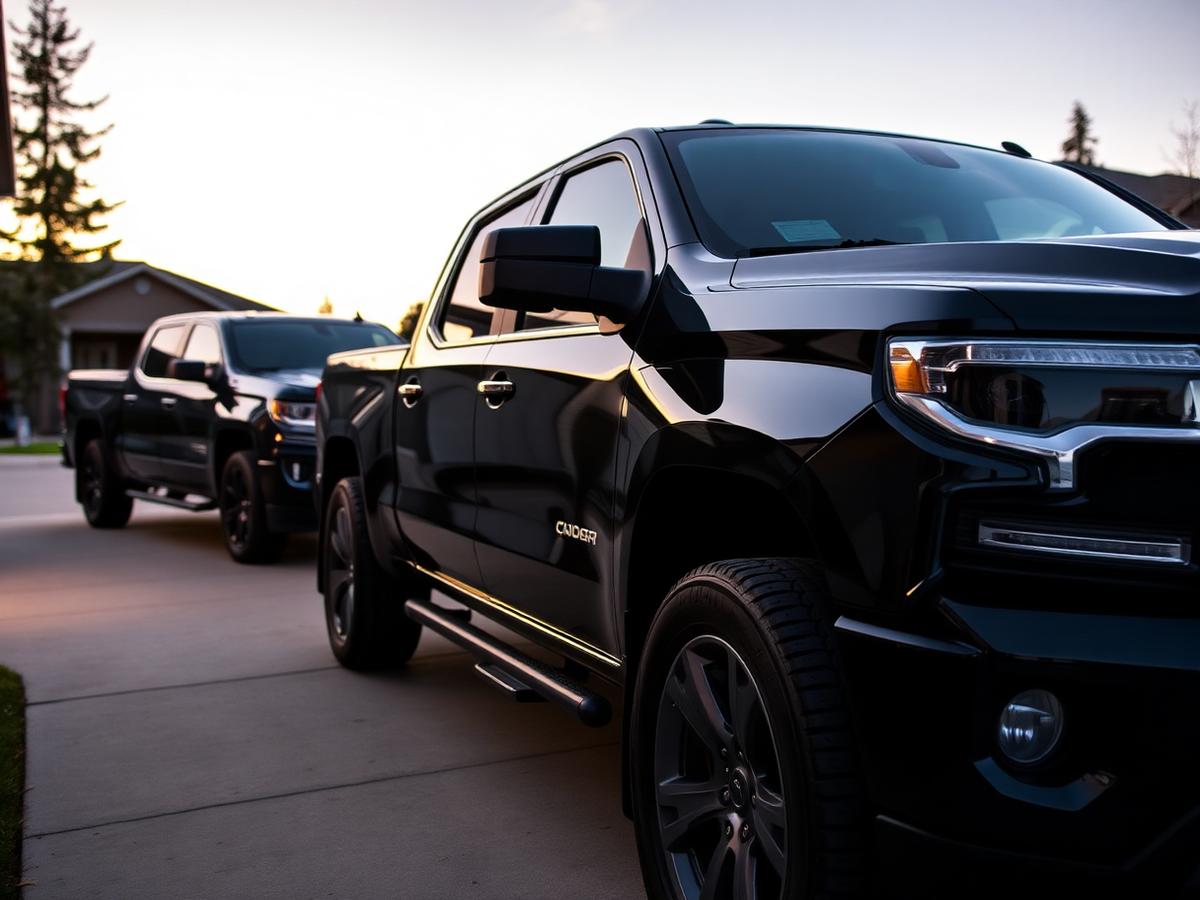 Detailed black pickup truck and SUV parked in an West Edmonton driveway